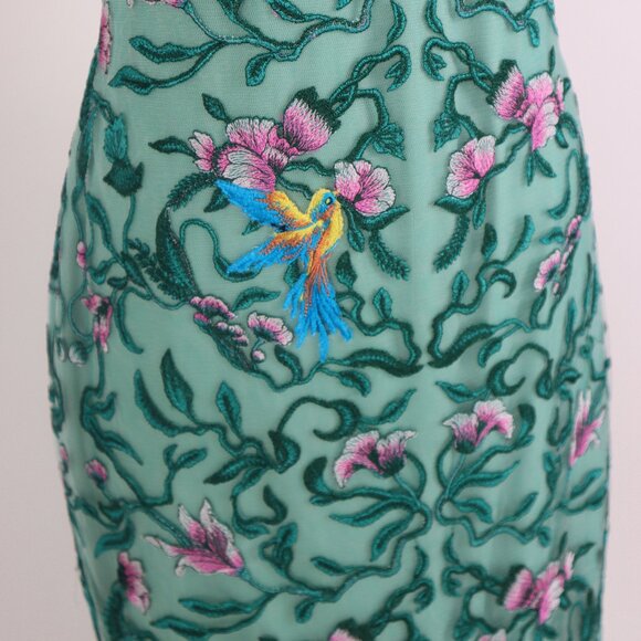 Tadashi Verena Green Sheer Illusion Embroider Floral Birds Lace Bodycon Dress - Picture 5 of 9